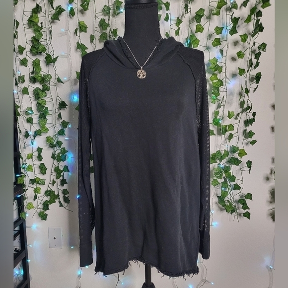 Elie Tahari Sport Mesh Sleeve Raw Hem Black Cotton French Terry Pullover Hoodie - Picture 6 of 11